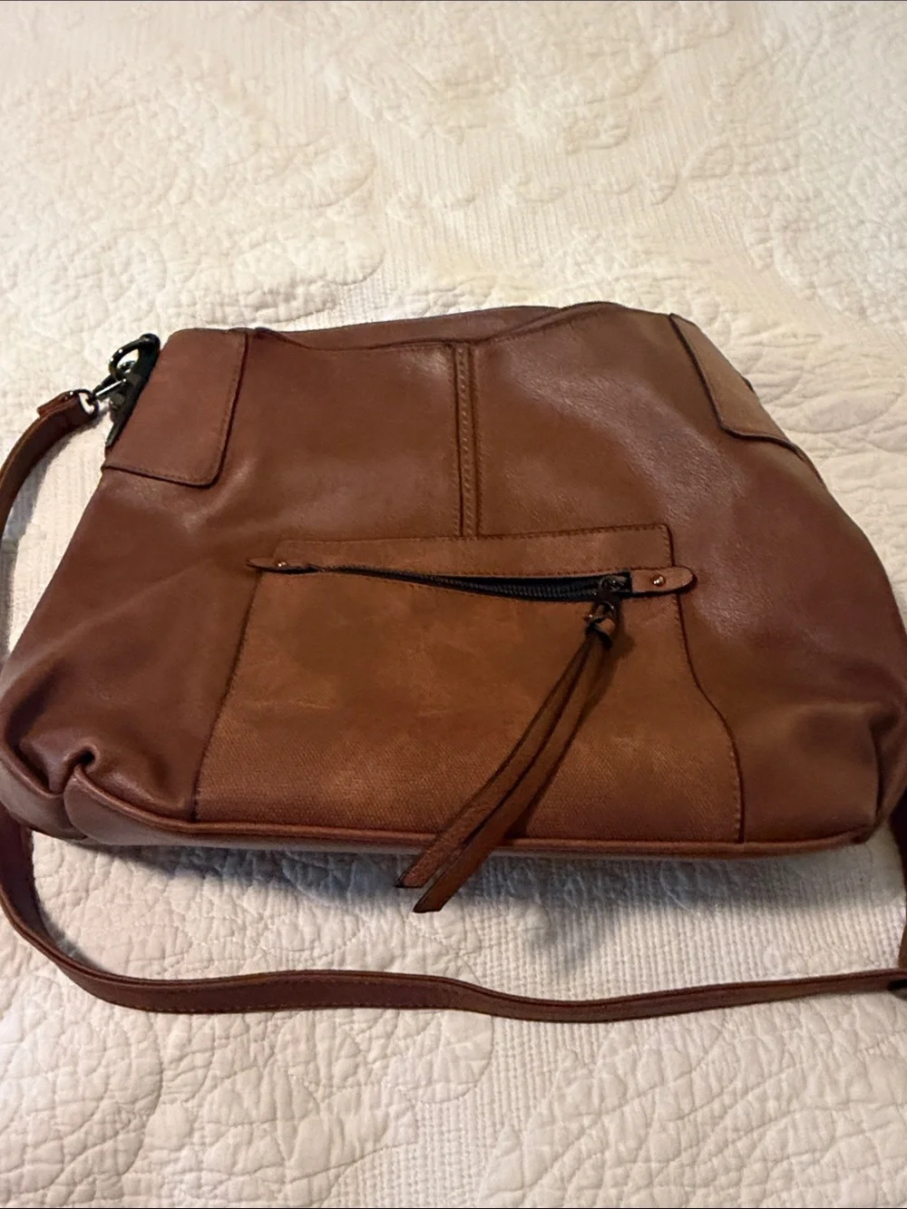 Women's Tan Leather Hobo Bag with Front Zip Pocket